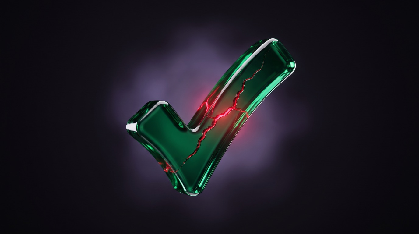 A glowing green 3D checkmark with a hidden red crack running through it