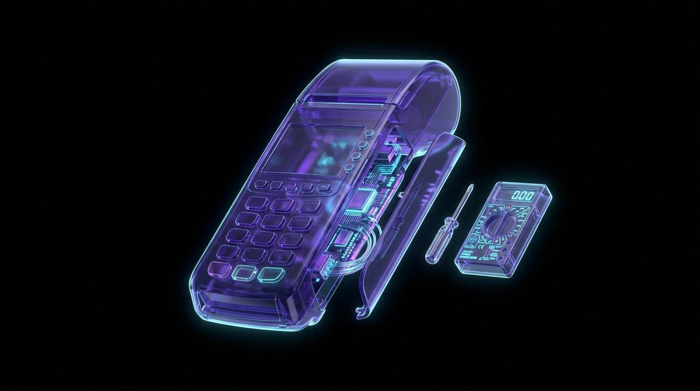 Glass 3D point-of-sale terminal opened for repair with a multimeter beside it