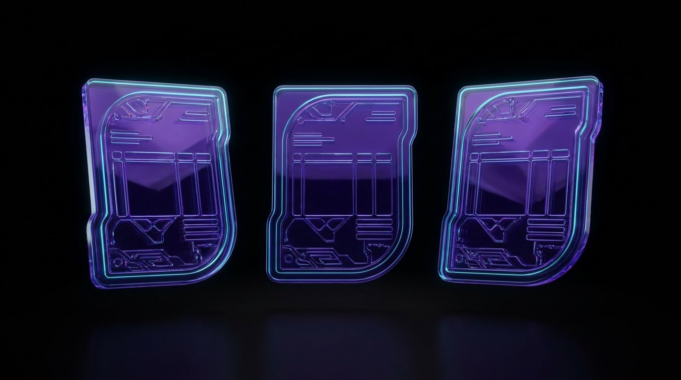 Three glass 3D invoice documents standing side by side